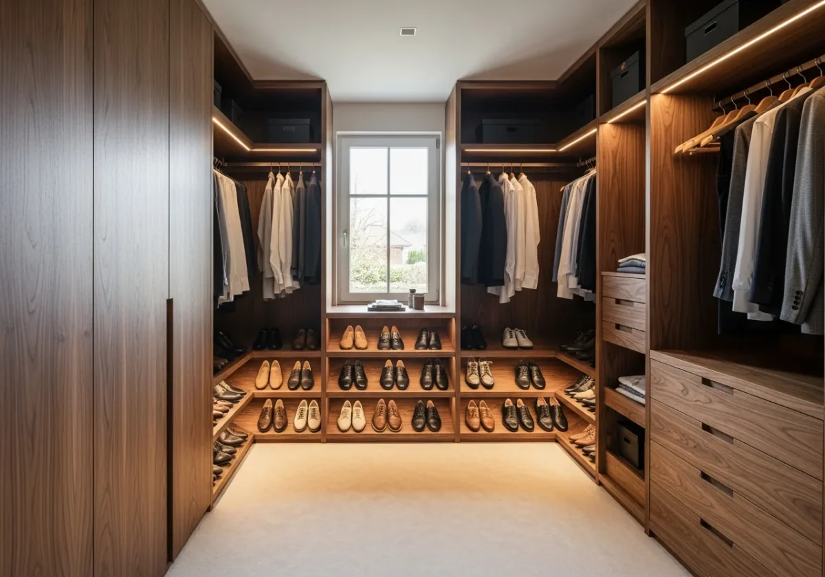 Dressing sur mesure en noyer avec éclairage LED réalisé par BoisCraft Genève