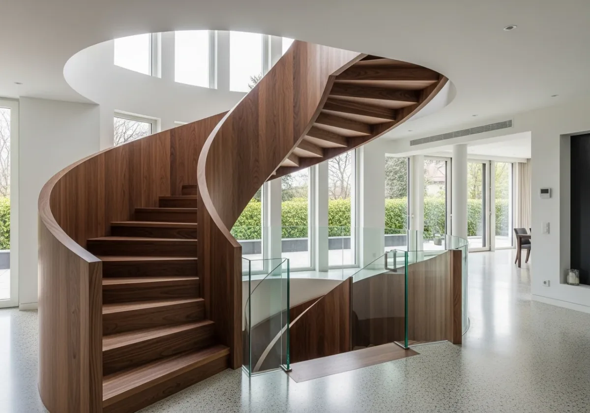 Escalier hélicoïdal en noyer avec garde-corps en verre réalisé par BoisCraft Genève
