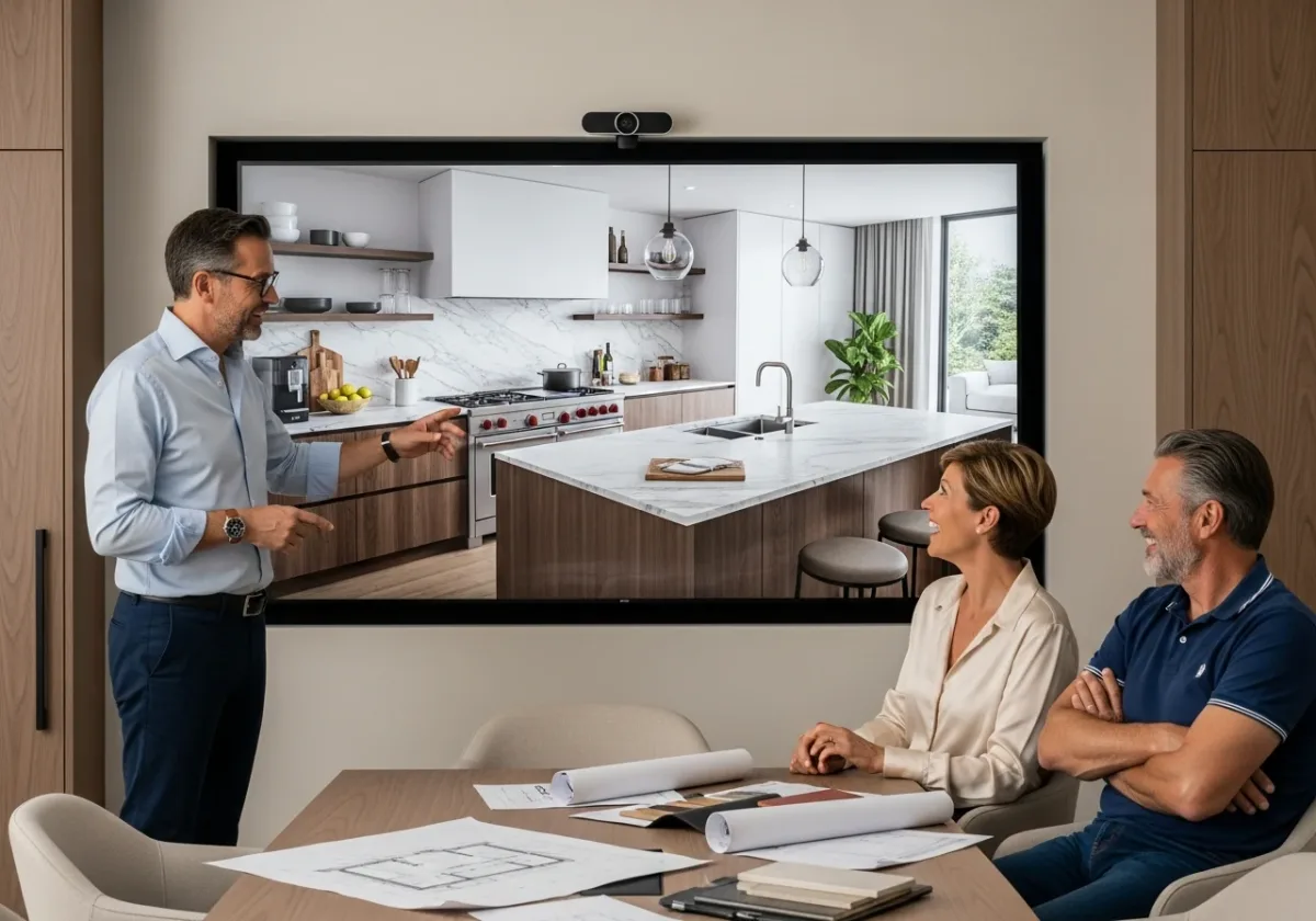 Plan 3D photorealistic d'une cuisine sur mesure BoisCraft Genève