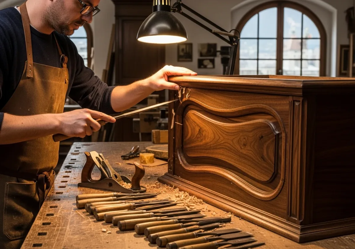 Restauration d'un meuble ancien en noyer dans l'atelier BoisCraft Genève